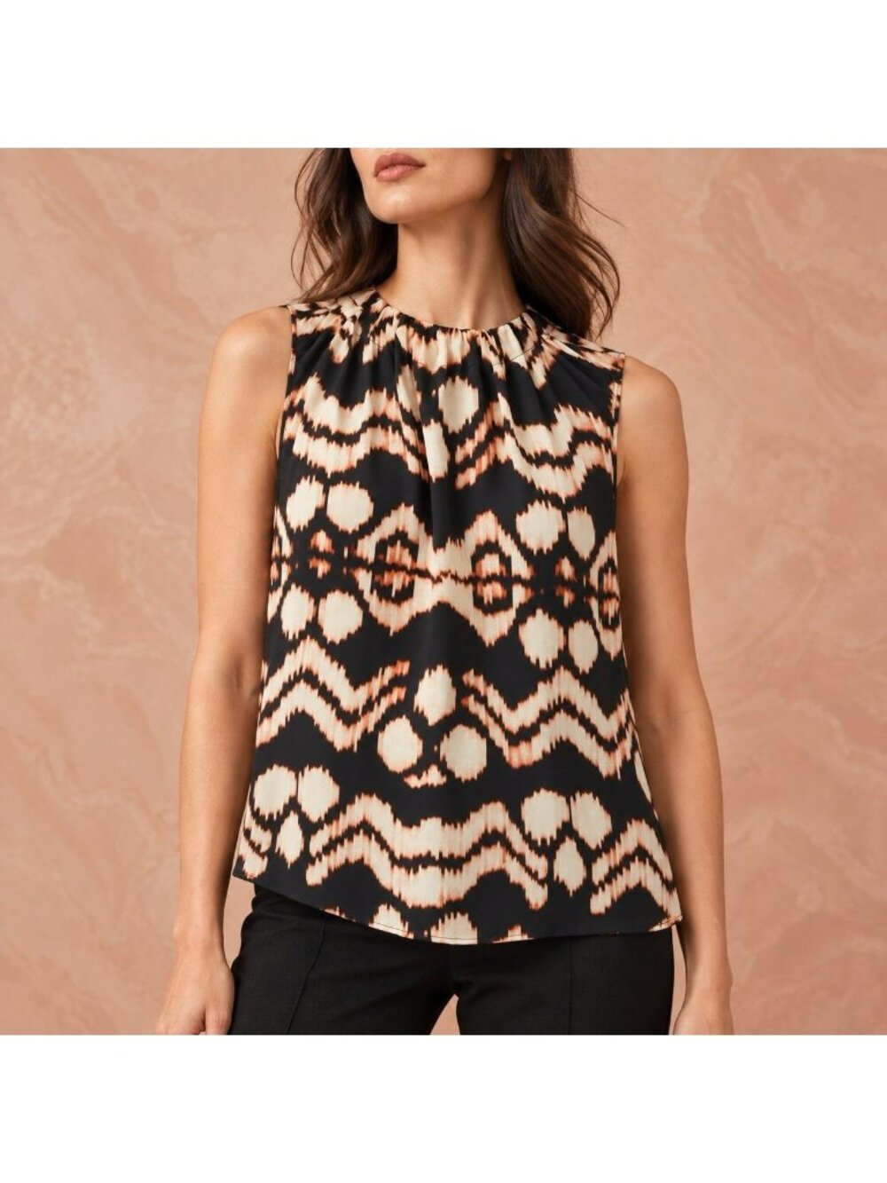 $440 Ulla Johnson Ikat Tapestry Obsidian Silk Sleeveless Tie Neck Blouse Size 4